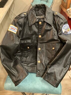 Chicago Cop Leather Jacket w/Gold Buttons & Police Patches.  Heavy. Never worn.